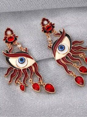 Surreal Evil Eye Art Earrings — Red & Gold Statement Drops